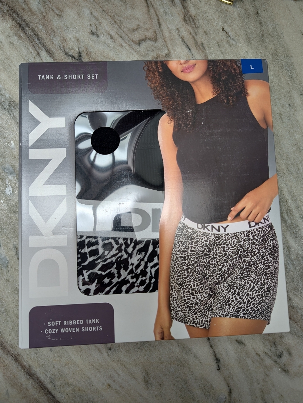 DKNY Black Ribbed Tank with Black & White Animal Print Shorts